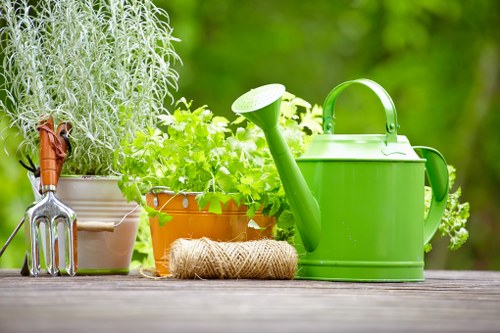 In the image, a garden scene features a wooden outdoor table with various gardening tools and supplies arranged on it. To the left, there is a small hand rake with a wooden handle and metal tines, alongside a white rectangular planter containing a tall, silver-green herb or plant. Next to it, a terracotta pot holds lush, bright green foliage, possibly herbs or small plants, contrasting with the brown soil visible around the base. Additionally, there is a natural coir mat or twine spool placed on the table for garden use. Prominently, a vibrant green plastic watering can with a long spout and a handle sits centrally, ready for watering tasks. The background is softly blurred, with vivid green foliage and hints of sunlight filtering through trees, creating a warm, inviting outdoor environment ideal for gardening and landscaping activities typical of Chelsea or surrounding areas. The scene suggests a well-maintained garden space suitable for landscaping services provided by Landscapers Chelsea.