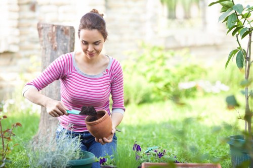 A young woman with dark hair tied back, wearing a pink and white striped long-sleeve shirt, is engaged in gardening in a backyard garden in Chelsea, London. She is placing soil into a terracotta flower pot, surrounded by green grass, potted plants, and flower beds with a mix of purple and green foliage. The garden features a wooden fence, a tree stump in the background, and neatly arranged garden containers, reflecting a well-maintained outdoor space ideal for planting and lawn care services. The scene is brightly lit with natural daylight, emphasizing the vibrant colours of the plants and the lush lawn, typical of a suburban garden environment suited to professional gardening and landscaping work by Landscapers Chelsea.