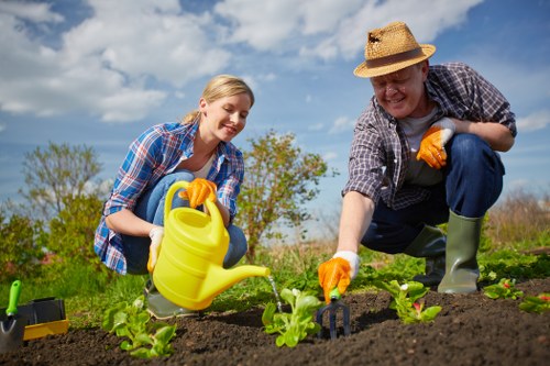 A man and a woman working together in a well-maintained garden in Chelsea, planting small green seedlings in rich, dark soil. The woman, dressed in a blue and red checked shirt, holds a yellow watering can and is watering the young plants, while the man, wearing a straw hat, plaid shirt, and rubber gloves, uses a small gardening tool to tend to the soil around the plants. The garden features a neat layout with a clear row of seedlings, edged by a grassy lawn in the background. Bright natural light suggests a clear, sunny day, and the outdoor space is surrounded by trees and shrubs, creating a peaceful, lush environment typical of South West London gardens. This scene reflects professional gardening services that include planting, landscaping, and garden maintenance, tailored to outdoor spaces in Chelsea, as offered by landscaperschelsea.co.uk.