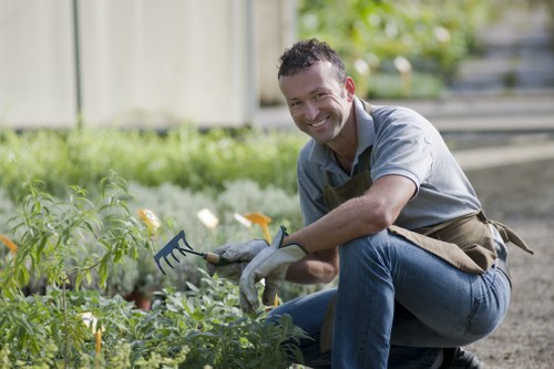 A smiling man with dark, curly hair and a beard is kneeling in a garden, using a small hand rake to tend to a bed of green plants and flowers. He is dressed in a grey shirt, blue jeans, and has a brown apron over his clothes, suggesting outdoor gardening work. The garden features a well-maintained lawn with lush, dense grass in the foreground, bordered by flower beds and a gravel pathway. In the background, there is a wooden fence and a garden shed, with some blurred greenery and trees behind. The scene is lit by natural daylight, with mild sunlight creating soft shadows, indicating a clear and pleasant day. This outdoor space, typical of residential gardens in Chelsea, is maintained with care, reflecting professional gardening and landscaping services available from Landscapers Chelsea, supporting garden upkeep and planting projects.